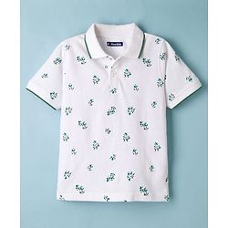 Pine Kids Cotton Knit Half Sleeves Polo T-Shirt with Floral Print - White