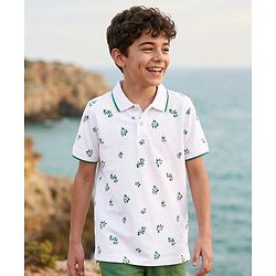 Pine Kids Cotton Knit Half Sleeves Polo T-Shirt with Floral Print - White