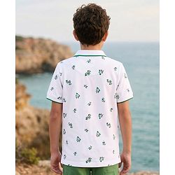 Pine Kids Cotton Knit Half Sleeves Polo T-Shirt with Floral Print - White
