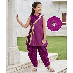 Pine Kids Woven Sleeveless Floral Foil Printed Kurti Salwar & Jacket - Purple