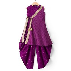Pine Kids Woven Sleeveless Floral Foil Printed Kurti Salwar & Jacket - Purple