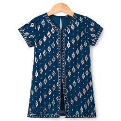 Pine Kids Woven Half Sleeves Kurti Gharara Set with Dupatta & Sequin Detailing - Navy Blue