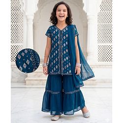 Pine Kids Woven Half Sleeves Kurti Gharara Set with Dupatta & Sequin Detailing - Navy Blue
