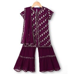 Pine Kids Woven Half Sleeves Embroidered Kurti Sharara Set With Dupatta - Violet