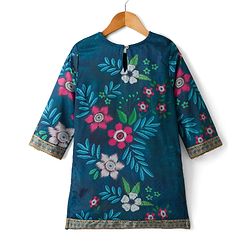 Pine Kids Woven Full Sleeves Floral Printed Kurti & Palazzo Set With Dupatta - Teal Blue