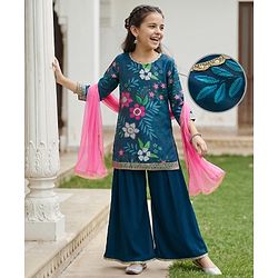 Pine Kids Woven Full Sleeves Floral Printed Kurti & Palazzo Set With Dupatta - Teal Blue