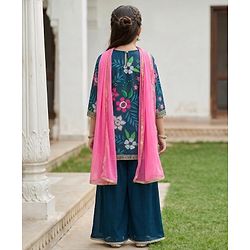Pine Kids Woven Full Sleeves Floral Printed Kurti & Palazzo Set With Dupatta - Teal Blue