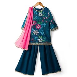 Pine Kids Woven Full Sleeves Floral Printed Kurti & Palazzo Set With Dupatta - Teal Blue