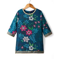 Pine Kids Woven Full Sleeves Floral Printed Kurti & Palazzo Set With Dupatta - Teal Blue