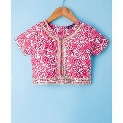 Pine Kids Cotton Woven Half Sleeves Choli Lehenga & Dupatta Set With Floral Print - White & Pink