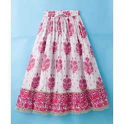 Pine Kids Cotton Woven Half Sleeves Choli Lehenga & Dupatta Set With Floral Print - White & Pink
