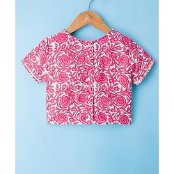 Pine Kids Cotton Woven Half Sleeves Choli Lehenga & Dupatta Set With Floral Print - White & Pink