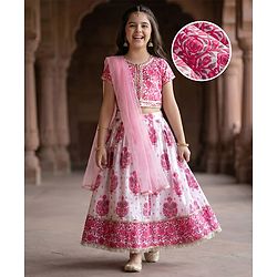 Pine Kids Cotton Woven Half Sleeves Choli Lehenga & Dupatta Set With Floral Print - White & Pink