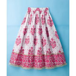 Pine Kids Cotton Woven Half Sleeves Choli Lehenga & Dupatta Set With Floral Print - White & Pink