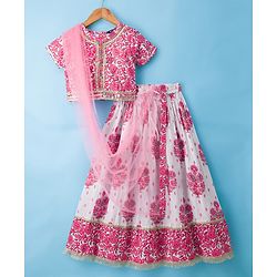 Pine Kids Cotton Woven Half Sleeves Choli Lehenga & Dupatta Set With Floral Print - White & Pink