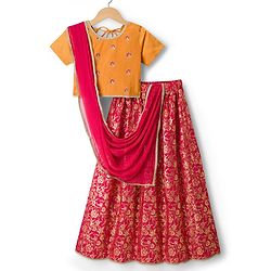 Pine Kids Woven Half Sleeves Floral Embroidered Sequinned & Foil Printed Choli & Lehenga Set With Dupatta - Red