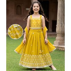 Pine Kids Woven Sleeveless Lehenga Choli Set With Floral Print & Dupatta - Mustard