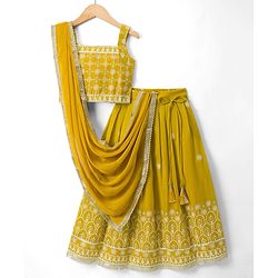 Pine Kids Woven Sleeveless Lehenga Choli Set With Floral Print & Dupatta - Mustard