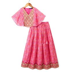 Pine Kids Woven Half Sleeves Floral Embroidered Choli & Lehenga Set - Pink