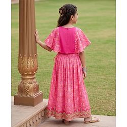 Pine Kids Woven Half Sleeves Floral Embroidered Choli & Lehenga Set - Pink
