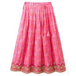 Pine Kids Woven Half Sleeves Floral Embroidered Choli & Lehenga Set - Pink