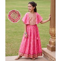 Pine Kids Woven Half Sleeves Floral Embroidered Choli & Lehenga Set - Pink
