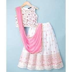 Pine Kids Woven Sleeveless Floral & Sequin Embroidered Choli Lehenga Set with Dupatta - White