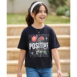 Pine Kids 100% Cotton Knit Half Sleeves Floral & Text Printed T-Shirt - Black