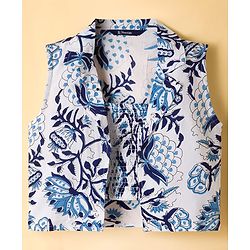 Pine Kids Viscose Woven Sleeveless Floral Printed Co-Ords  Indo Western Set - Blue & White