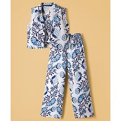 Pine Kids Viscose Woven Sleeveless Floral Printed Co-Ords  Indo Western Set - Blue & White