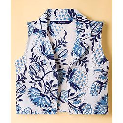 Pine Kids Viscose Woven Sleeveless Floral Printed Co-Ords  Indo Western Set - Blue & White