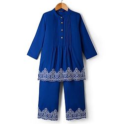 Pine Kids 100% Cotton Woven Full Sleeves Floral Embroidered Indo Western Set - Blue