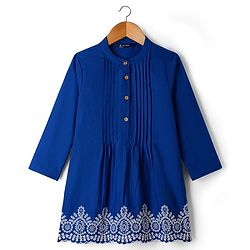Pine Kids 100% Cotton Woven Full Sleeves Floral Embroidered Indo Western Set - Blue