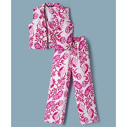 Pine Kids Viscose Woven Sleeveless Floral Printed Co-Ords  Indo Western Set - Pink & White