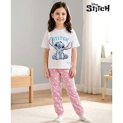 Pine Kids Disney Single Jersey Knit Drop Shoulder Half Sleeves T-Shirt & Pyjama Night Suit With Stitch Graphics - Multicolor