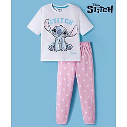 Pine Kids Disney Single Jersey Knit Drop Shoulder Half Sleeves T-Shirt & Pyjama Night Suit With Stitch Graphics - Multicolor