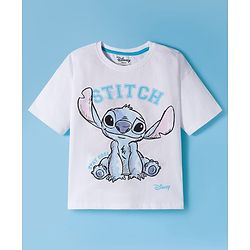 Pine Kids Disney Single Jersey Knit Drop Shoulder Half Sleeves T-Shirt & Pyjama Night Suit With Stitch Graphics - Multicolor