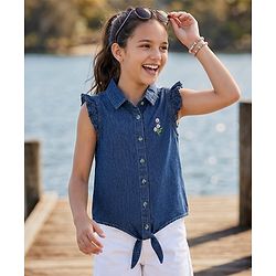 Pine Kids Cotton Woven Sleeveless Top With Floral Embroidery - Blue