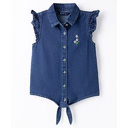 Pine Kids Cotton Woven Sleeveless Top With Floral Embroidery - Blue