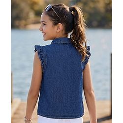 Pine Kids Cotton Woven Sleeveless Top With Floral Embroidery - Blue