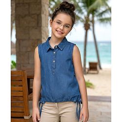 Pine Kids Cotton Woven Sleeveless Solid Colour Top with Knot - Blue