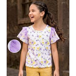 Pine Kids 100% Cotton Knit Half Flutter Sleeves Floral Printed Top - Multicolour