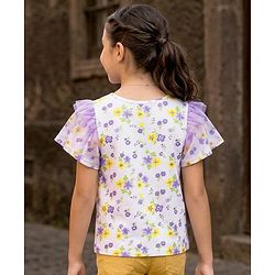 Pine Kids 100% Cotton Knit Half Flutter Sleeves Floral Printed Top - Multicolour