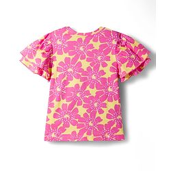 Pine Kids Cotton Knit Half Flutter Sleeves Floral Printed Top - Pink & Yellow