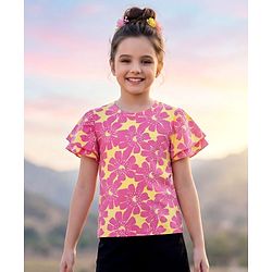 Pine Kids Cotton Knit Half Flutter Sleeves Floral Printed Top - Pink & Yellow