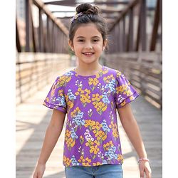 Pine Kids Cotton Knit Half Flutter Sleeves Floral Printed Top  - Lilac, Blue & Yellow