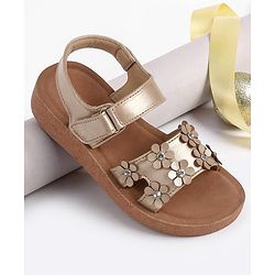 Pine Kids Velcro Closure Sandal With Floral Applique -  Golden