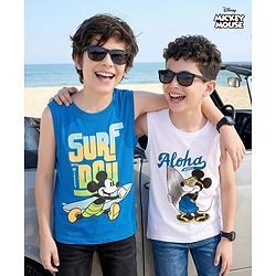 Pine Kids Disney Single Jersey Knit Sleeveless Tank T-Shirts with Mickey Mouse & Friends Graphic & Foil Detailing Pack of 2 - White & Blue
