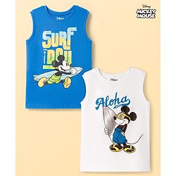 Pine Kids Disney Single Jersey Knit Sleeveless Tank T-Shirts with Mickey Mouse & Friends Graphic & Foil Detailing Pack of 2 - White & Blue