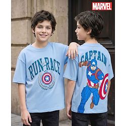 Pine Kids Marvel 100% Cotton Knit Half Sleeves T-Shirt With Front & Back Captain America Graphic - Blue